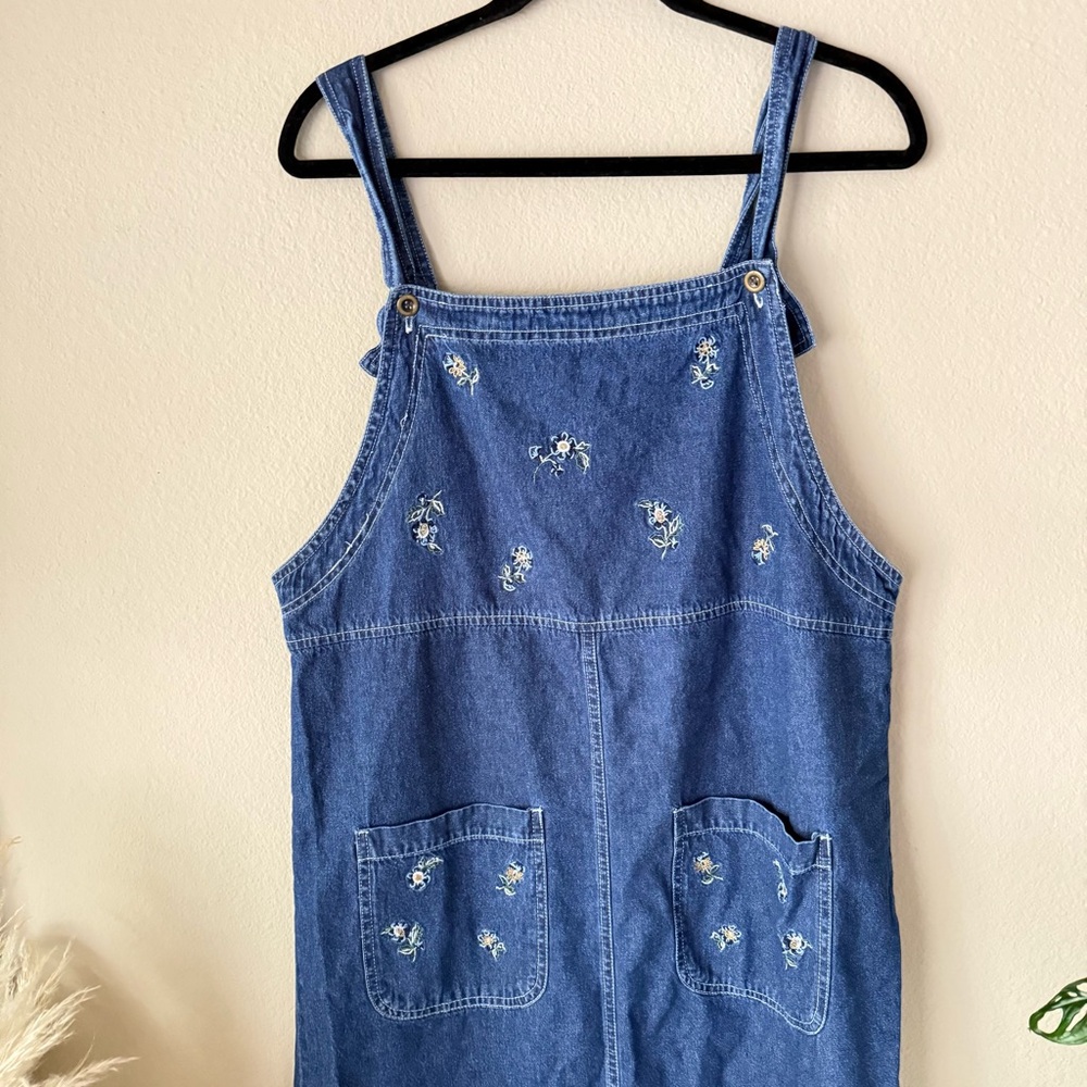 Vintage Premier International Embroidered Blue Jean Denim Overall Dress Floral - Picture 3 of 6